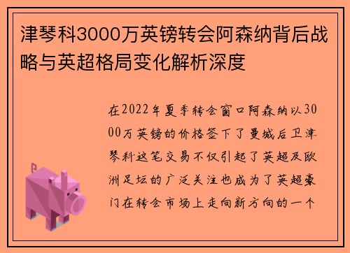 津琴科3000万英镑转会阿森纳背后战略与英超格局变化解析深度